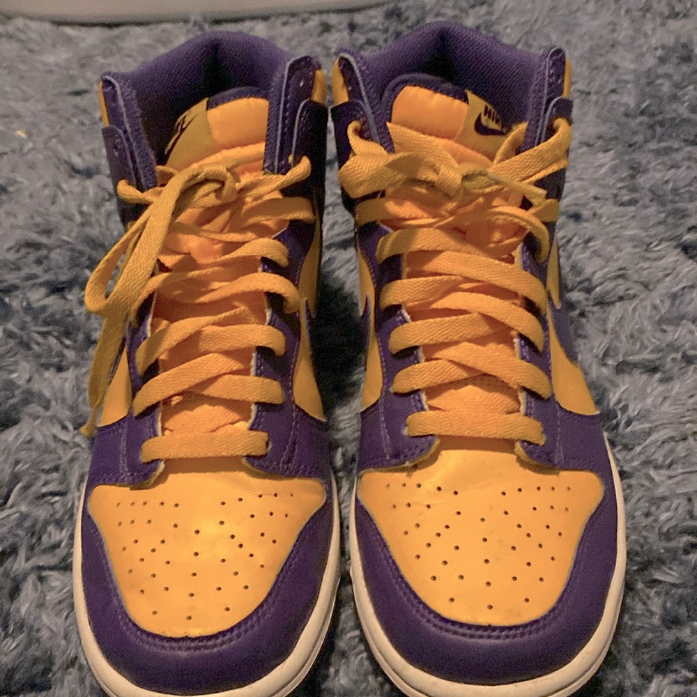 High top, purple, and yellow Nike dunks ( great quality)